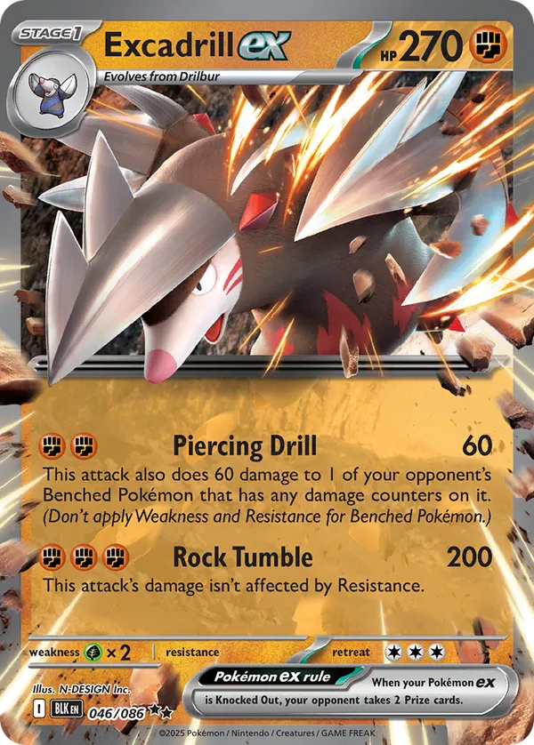 Excadrill ex card 46 from Black Bolt, an example of the ex class tier with full art framing