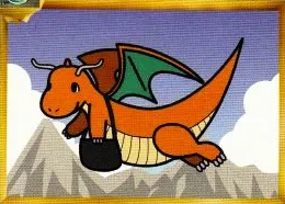A Dragonite flying over mountains carrying a mail bag