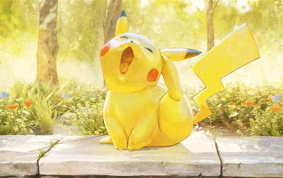 A Pikachu sitting outdoors in afternoon light