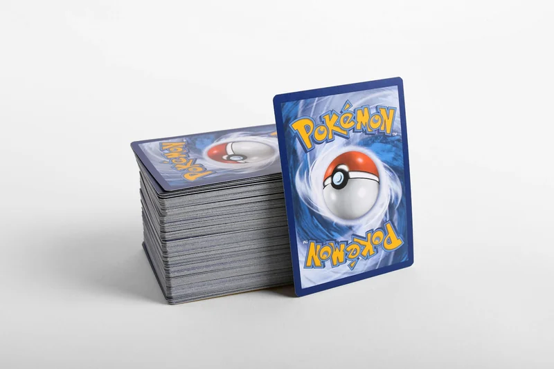 A stack of Pokemon cards lying face down on a white background with one more card leaning upright against the stack, all showing their blue Pokeball backs