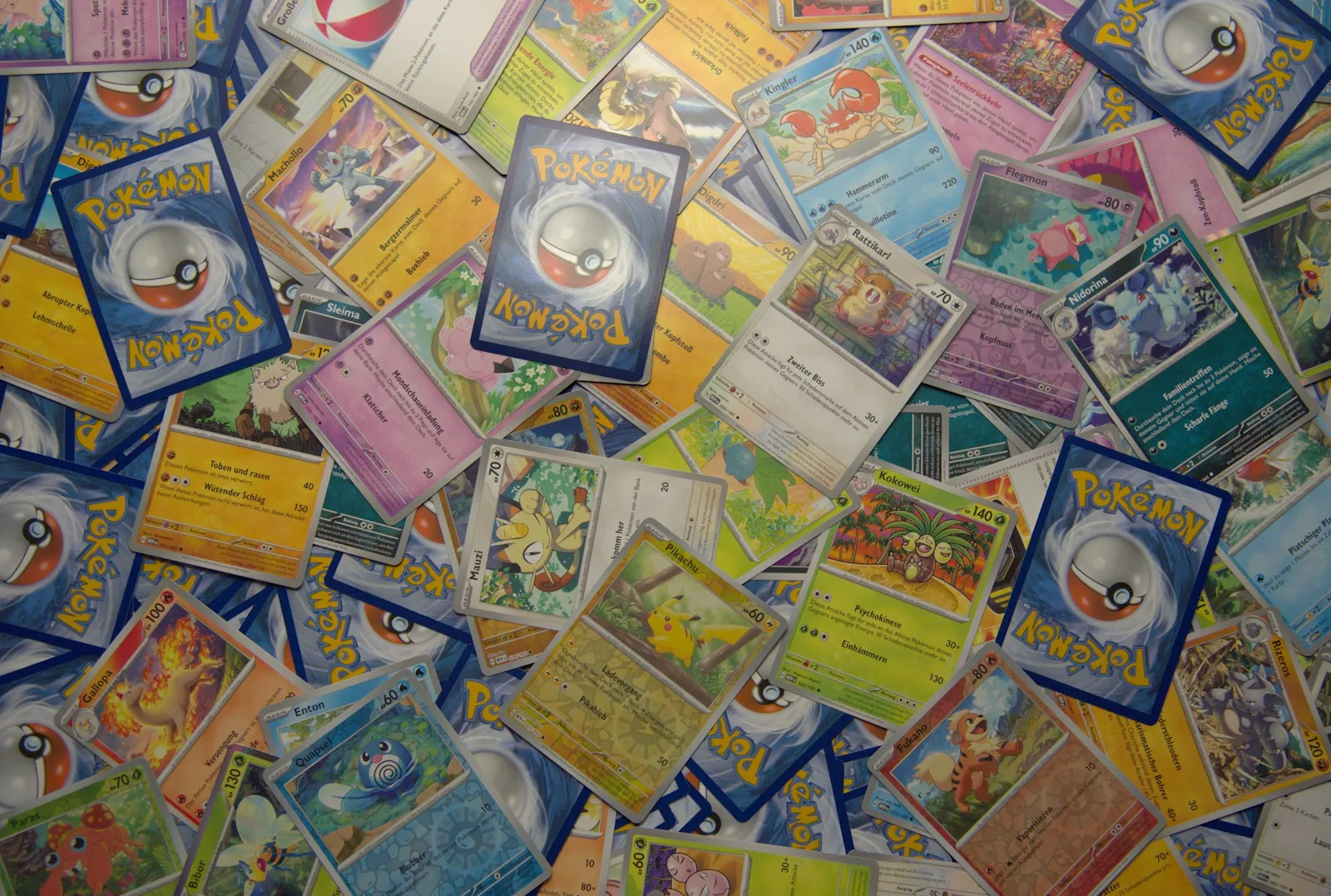 Dozens of ordinary Pokemon cards scattered face up and face down across a table, mostly commons and uncommons, with a Pikachu near the centre