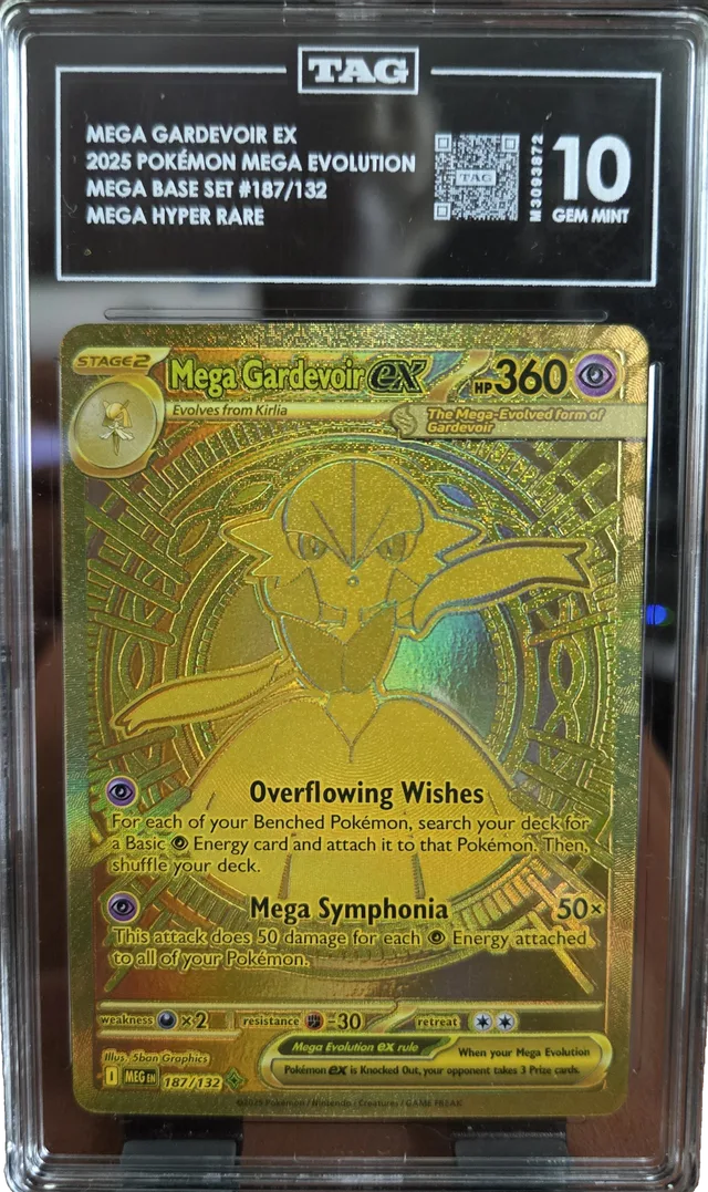 A graded gold Mega Gardevoir ex hyper rare in a black TAG holder labelled 10 GEM MINT