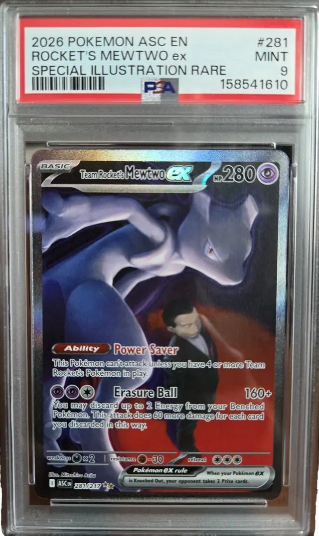 Team Rocket's Mewtwo ex #281 PSA MINT 9, front of the graded holder